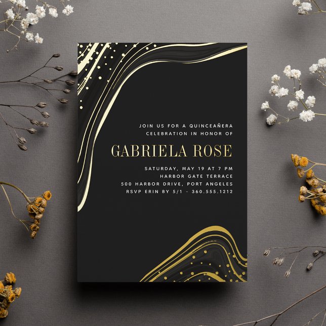 Invitation En Aluminium Luxe Black & Gold Liquid Marbre Quinceanera (Créateur téléchargé)