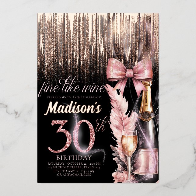 Invitation En Aluminium Luxe Foil 30ème Rose Vin Adulte Anniversaire (Recto)