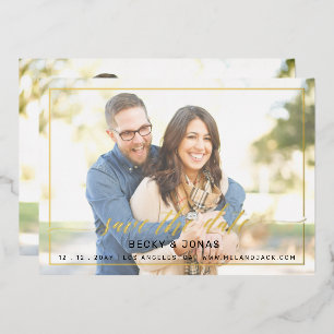 Invitation En Aluminium Luxe Gold Calligraphie 2 photos Enregistrer la dat