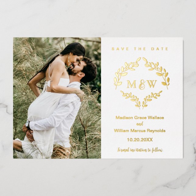 Invitation En Aluminium Luxe Mariage Crest Monogramme Wreath Photo personn (Recto)