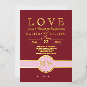 Invitation En Aluminium Luxe Monogram LOVE Engagement Party Burgundy Gold