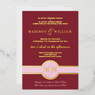 Invitation En Aluminium Luxe Monogram Moderne Mariage Bourgogne Or