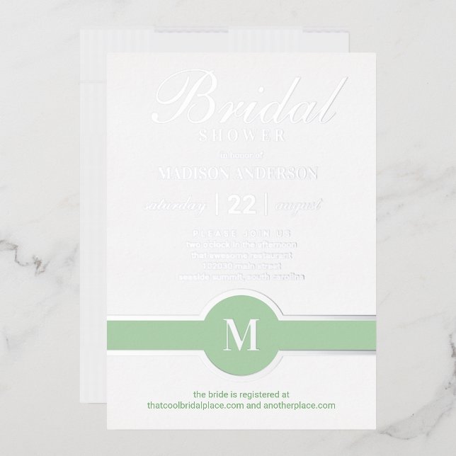 Invitation En Aluminium Luxe Monogramme Chic Baignade de Mariée Vert Argen (Enveloppe)