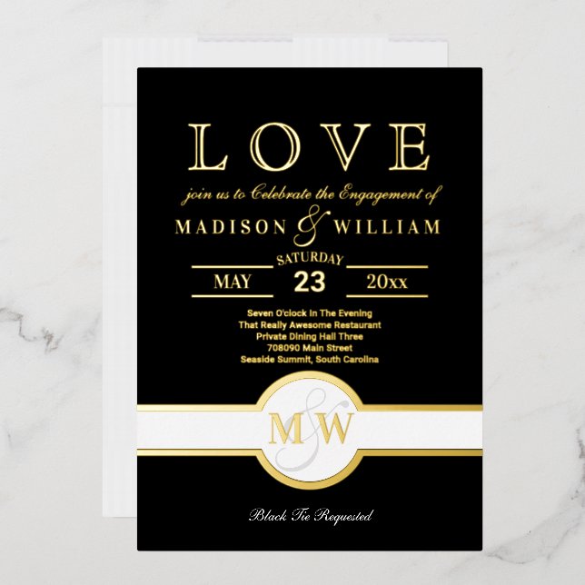 Invitation En Aluminium Luxe Monogramme LOVE Engagement Party Noir et Or (Enveloppe)