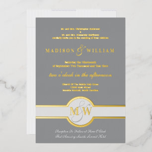 Invitation En Aluminium Luxe Monogramme Moderne Mariage Gris Et Or