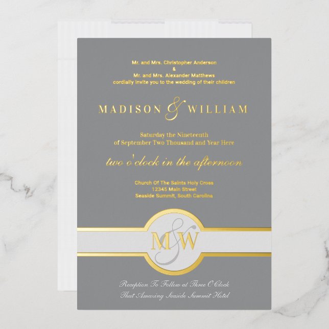Invitation En Aluminium Luxe Monogramme Moderne Mariage Gris Et Or (Enveloppe)