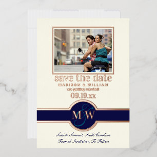 Invitation En Aluminium Luxe Monogramme Photo Enregistrer La Date Marine R