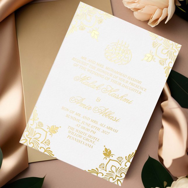 Invitation En Aluminium Luxe Or Blanc Mariage musulman islamique blanc (Créateur téléchargé)