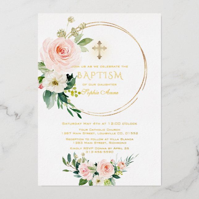 Invitation En Aluminium Luxe OR FOIL rose floral Baptême (Recto)