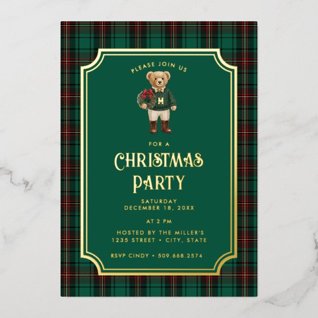 Invitation En Aluminium Luxe Preppy Plaid Christmas Teddy Bear (Recto)