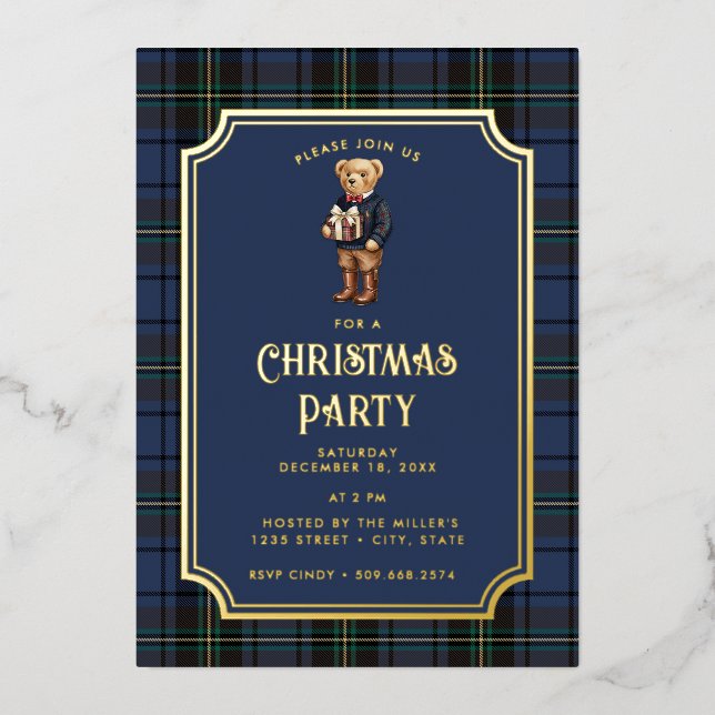 Invitation En Aluminium Luxe Preppy Plaid Christmas Teddy Bear (Recto)