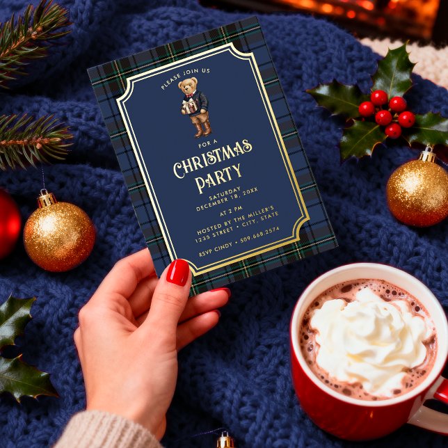 Invitation En Aluminium Luxe Preppy Plaid Christmas Teddy Bear (Créateur téléchargé)