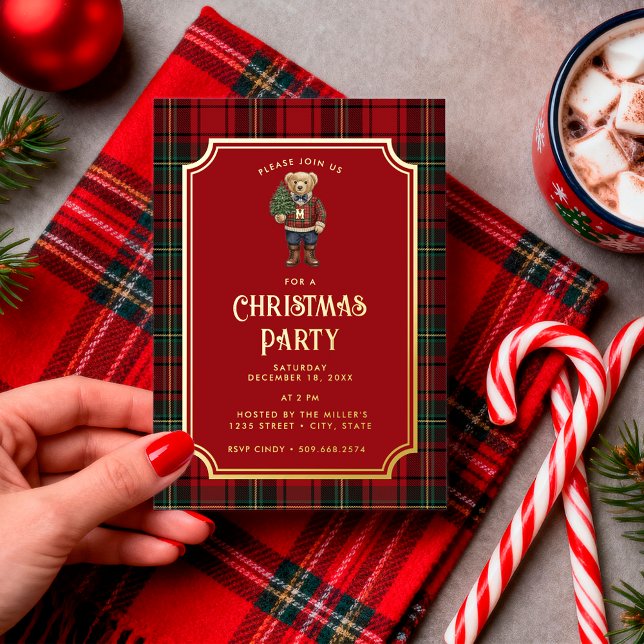 Invitation En Aluminium Luxe Preppy Plaid Christmas Teddy Bear (Créateur téléchargé)