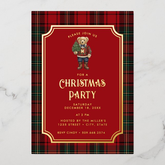 Invitation En Aluminium Luxe Preppy Plaid Christmas Teddy Bear (Recto)