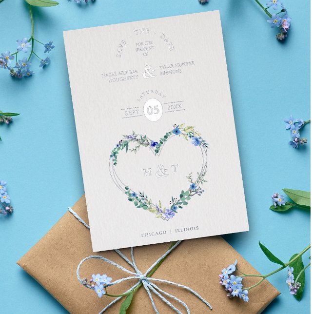 Invitation En Aluminium Luxe Romantique Botanique Floral Bleu nuances Coeu (Créateur téléchargé)