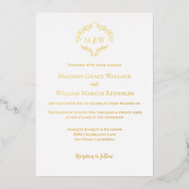 Invitation En Aluminium Luxe Romantique couronne Monogramme Mariage or bla (Recto)