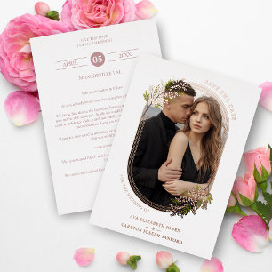 Invitation En Aluminium Luxe Rose Gold Branches Feuilles Oval Frame Photo