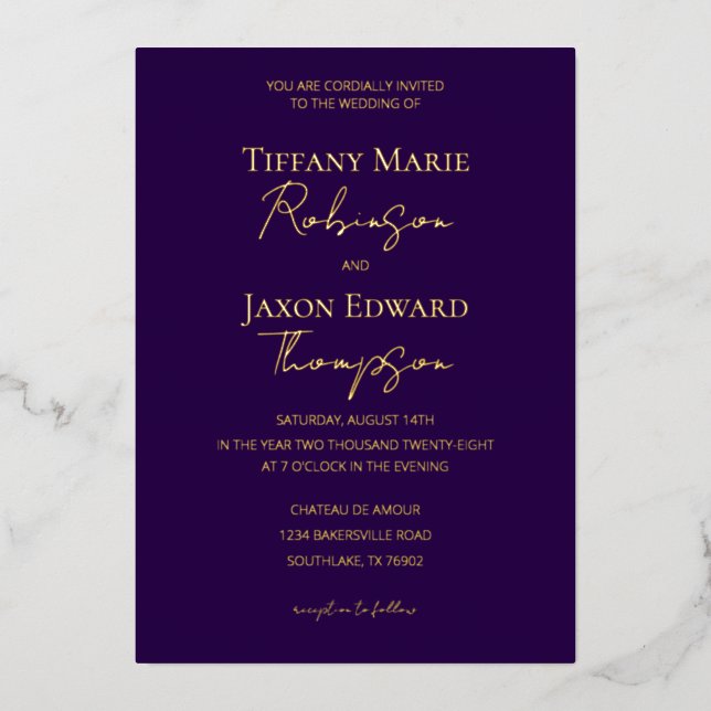 Invitation En Aluminium Luxe Royal Purple et Gold Elegance Mariage (Recto)
