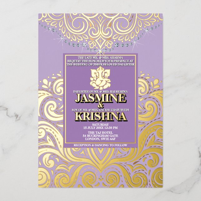 Invitation En Aluminium LuxGlitter Lavender Gold Ganesha Mariage hindou (Recto)