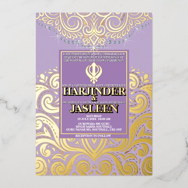 Invitation En Aluminium LuxGlitter Lavender Gold Sikh Anand Karaj Mariage (Recto)