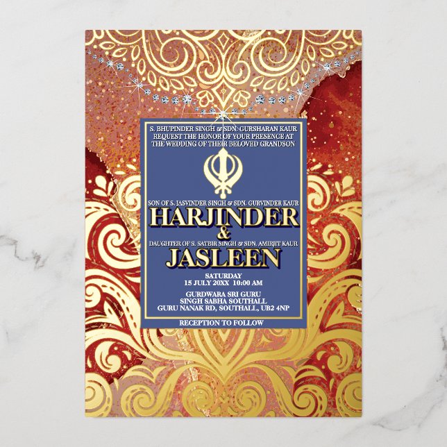 Invitation En Aluminium LuxGlitter Mariage indien Sikh Anand Karaj (Recto)