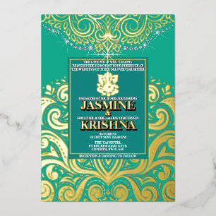 Invitation En Aluminium LuxGlitter Paon Or Ganesha Mariage Hindou