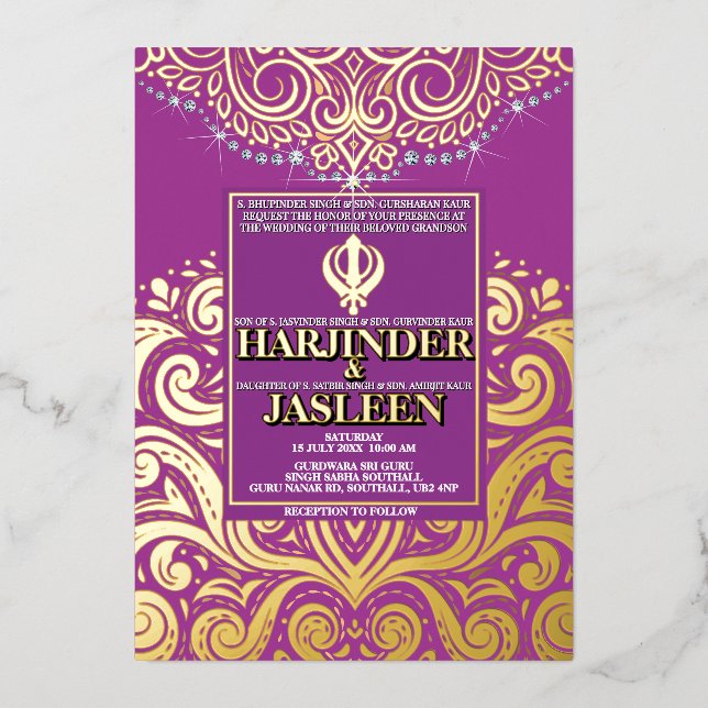 Invitation En Aluminium LuxGlitter Purple Gold Sikh Anand Karaj Mariage (Recto)