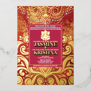 Invitation En Aluminium LuxGlitter Red Gold Hindu Ganesha Indien