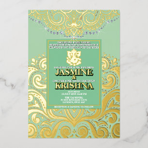 Invitation En Aluminium LuxGlitter Sage Green Gold Ganesha Mariage hindou