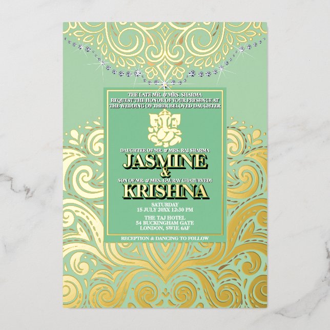 Invitation En Aluminium LuxGlitter Sage Green Gold Ganesha Mariage hindou (Recto)