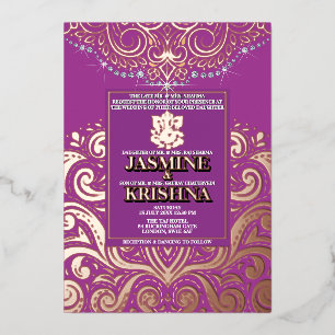Invitation En Aluminium LuxGlitter violet roseOr Ganesha Mariage hindou