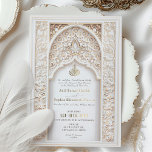 Invitation En Aluminium Luxueuse huile Mariage d'or inspirée par l'islam<br><div class="desc">Invitation vos invités à un mariage vraiment élégant avec ce luxueux faire-part de mariage d'inspiration islamique. Dotée de motifs floral et géométriques complexes, cette invitation est ornée de somptueux motifs dorés qui mettent en valeur le design détaillé. L'avant présente un motif d'arcade élaboré dans les tons d'ivoire, de beige et...</div>