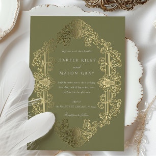 Invitation En Aluminium Luxueux Mariage Baroque Gold Sage Green