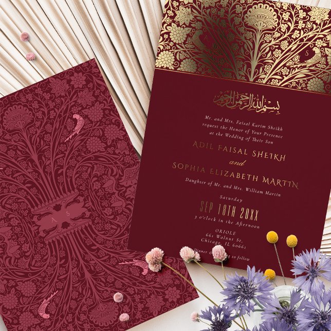 Invitation En Aluminium Luxueux Mariage islamique de Bourgogne et d'or (Créateur téléchargé)