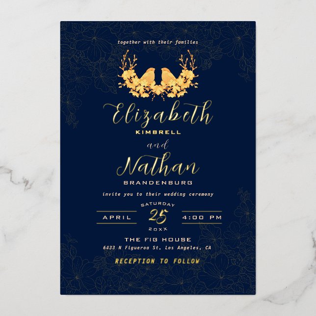 Invitation En Aluminium Luxueux motif floral oiseaux or bleu marine (Recto)