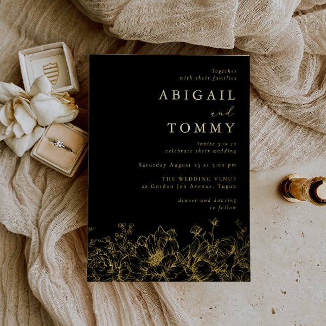 Invitation En Aluminium Luxurious Golden Floral Modern Black Wedding Gold (Créateur téléchargé)