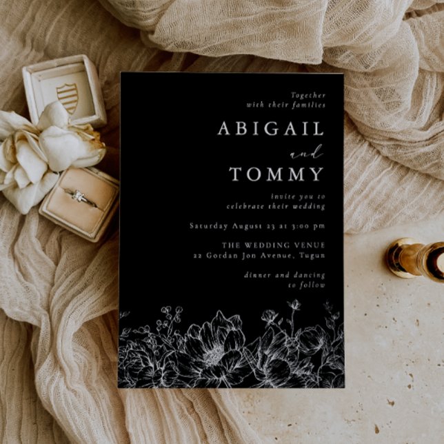 Invitation En Aluminium Luxurious Silver Foil Floral Modern Black Wedding (Créateur téléchargé)