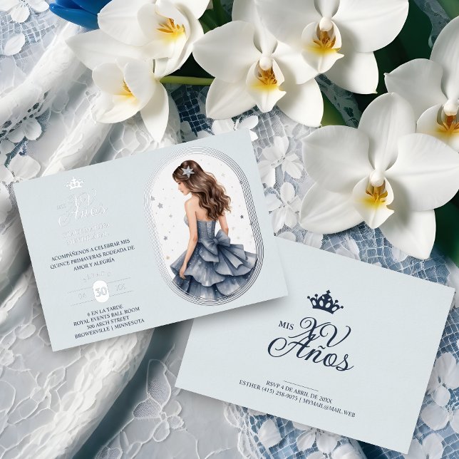 Invitation En Aluminium Luxurious Silver Oval Frame Charming Quinceañera  (Spanish Luxurious Silver Oval Frame Charming Quinceañera Doll Illustration in Blue Shades invitation)