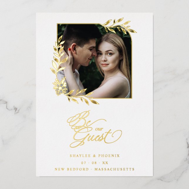 Invitation En Aluminium Luxury Chic Golden Branches Frame Photo Wedding (Recto)
