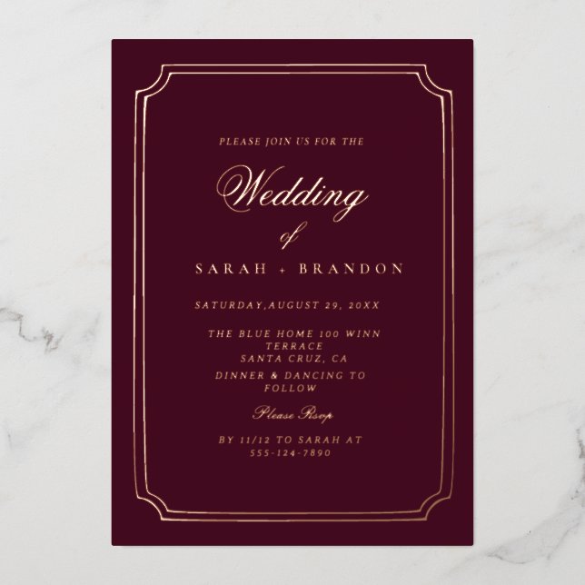 Invitation En Aluminium Luxury Classic Burgundy Gold Frame Wedding (Recto)