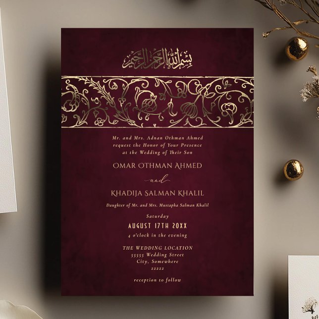 Invitation En Aluminium Luxury Floral Burgundy & Gold Islamic Wedding (Créateur téléchargé)