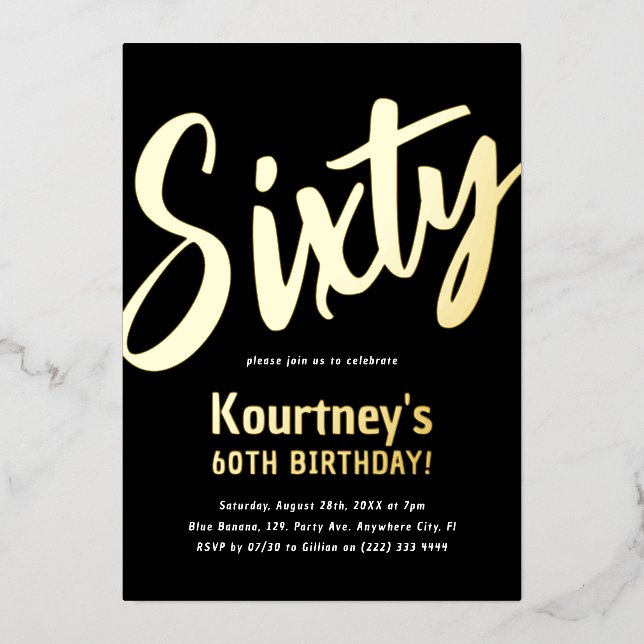 Invitation En Aluminium Luxury Gold 'Sixty' Adult Milestone 60e Anniversai (Recto)