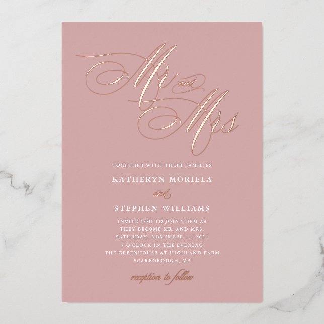 Invitation En Aluminium M. & Mme Calligraphy Mariage Rose Gold (Recto)