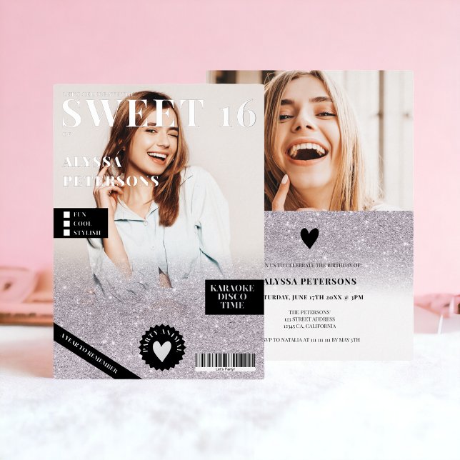 Invitation En Aluminium Magazine 2 photo lilas argent parties scintillant  (Magazine 2 photo lilac silver glitter Sweet 16 Foil Invitation)