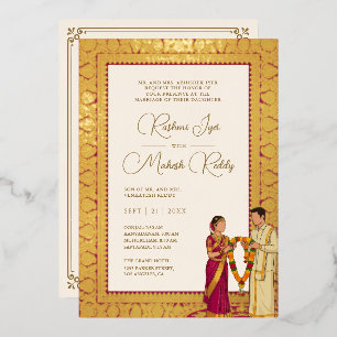 Invitation En Aluminium Magenta Kanjeevaram Indien Couple Mariage Or
