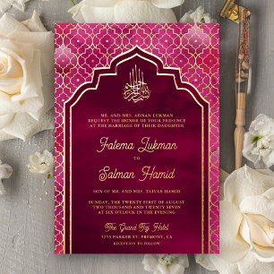 Invitation En Aluminium Magenta rose Arc marocain Mariage musulman Or