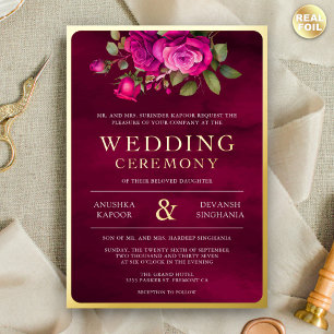 Invitation En Aluminium Magenta rose Floral Photo Mariage Indien Or