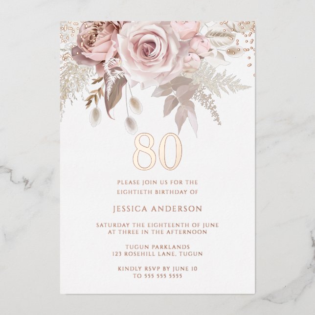 Invitation En Aluminium Magnifique Blush Dusty Rose 80e Anniversaire Rose  (Recto)