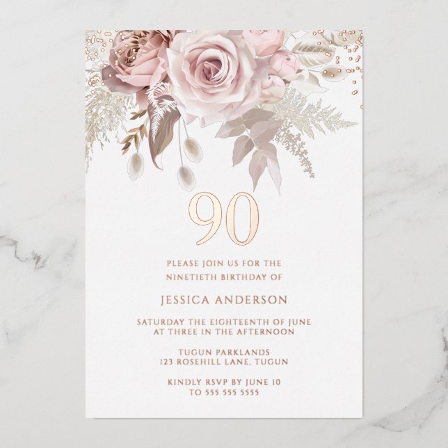 Invitation En Aluminium Magnifique Blush Dusty Rose 90e Anniversaire Rose  (Recto)
