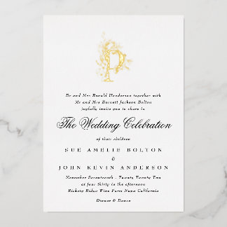 Invitation En Aluminium Magnifique Élégante Fleurie Monogramme Or Mariage